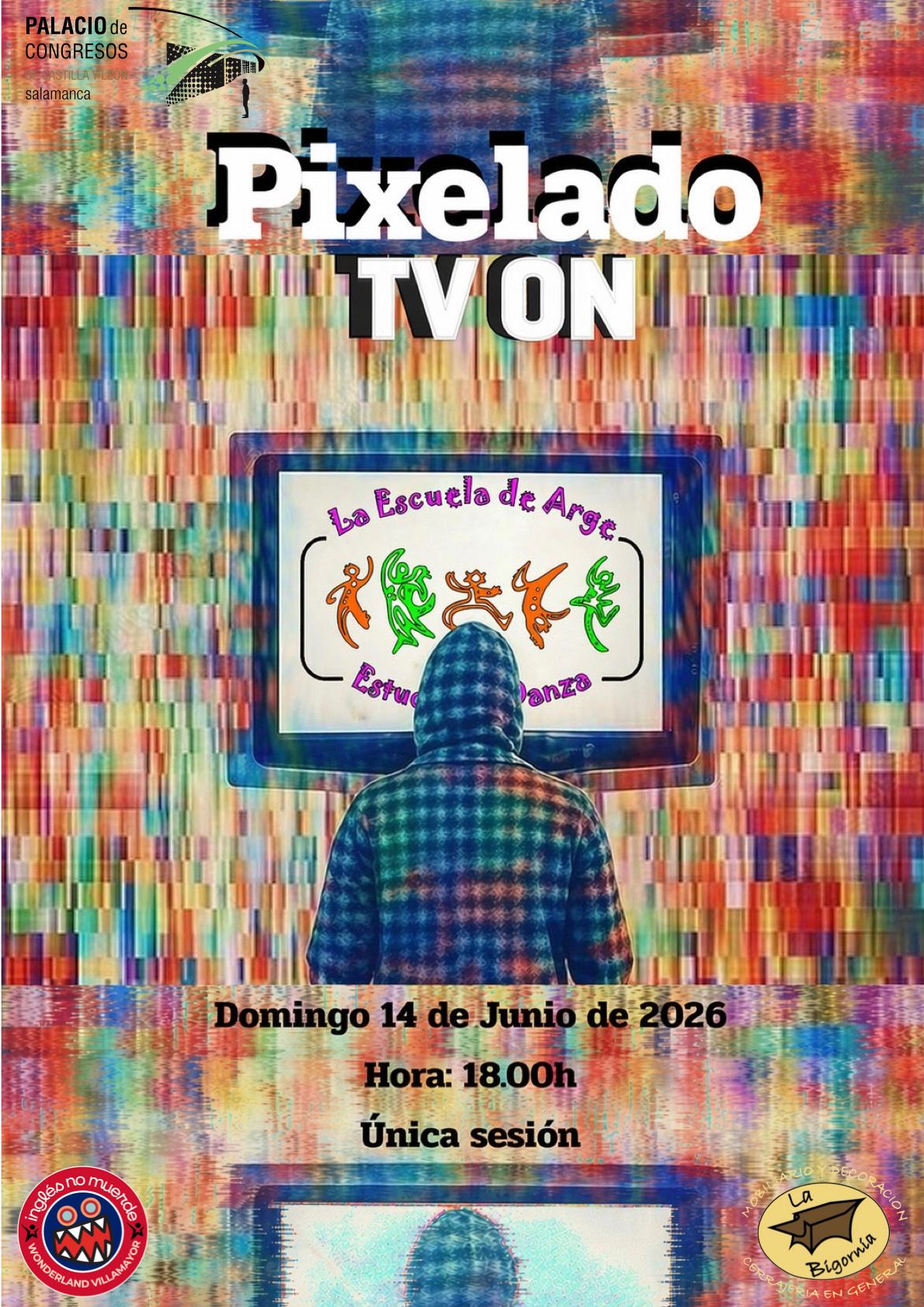 Cartel de la gala “Pixelado TV ON” de la Escuela de Arge, espectáculo de danza, creatividad y actualidad