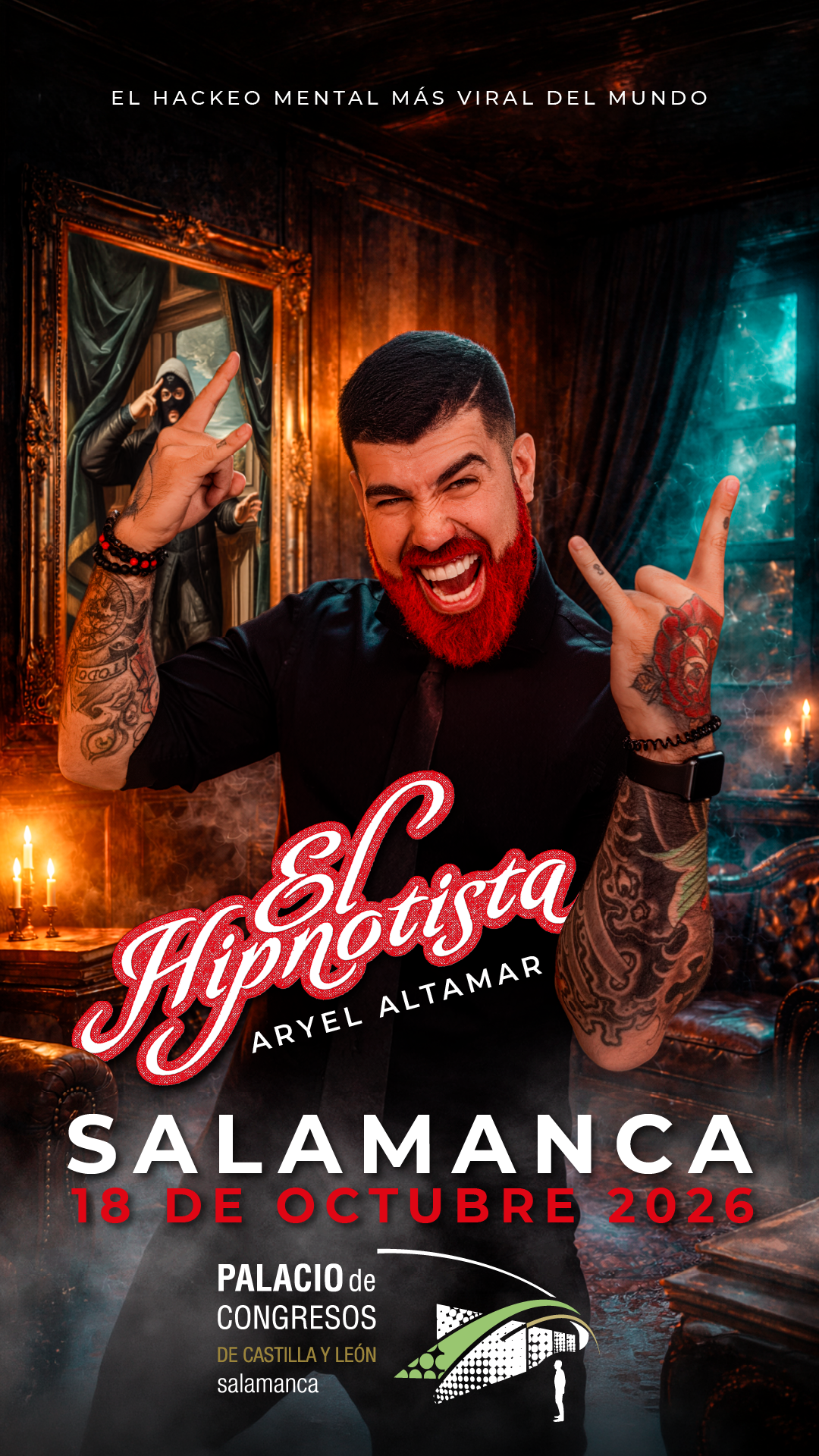 Cartel del espectáculo El Hipnotista de Aryel Altamar en Salamanca, con fecha del evento.